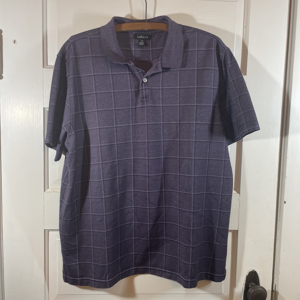 Van Heusen Polo Purple Check Pattern Short Sleeve Pull Over Button Shirt Mens LG